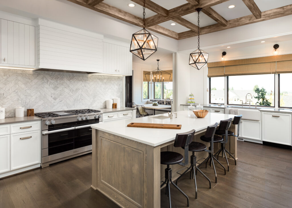 Kitchen Remodel White Hardwood Flooring Modern Industrial Chef Stove Island