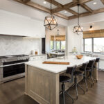 Kitchen Remodel White Hardwood Flooring Modern Industrial Chef Stove Island